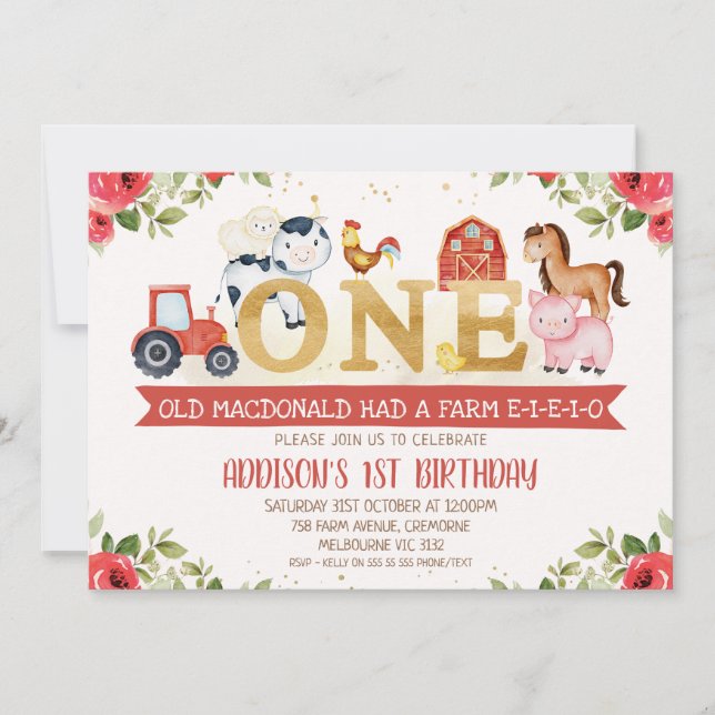 Red Floral Farm Animals First Birthday Invitation (Front)