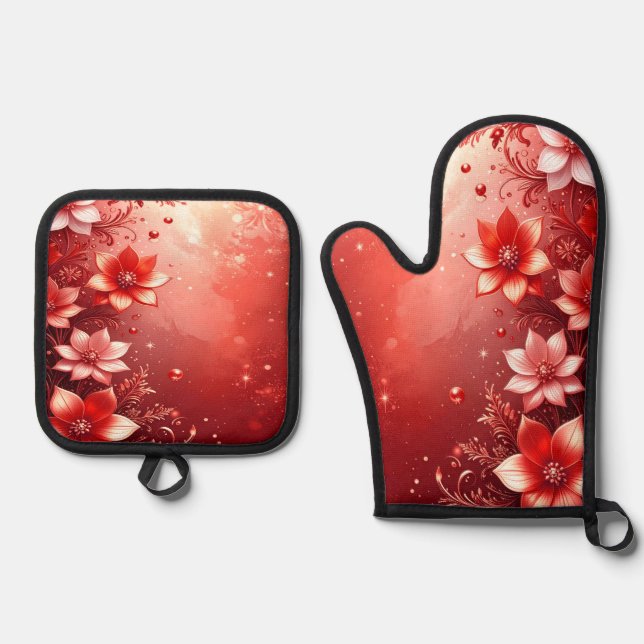 Red Floral Festive Oven Mitt & Pot Holder Set (Front)