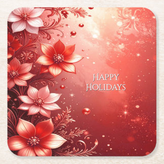 Red Floral Festive Square Paper Coaster