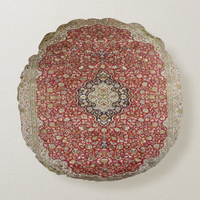 Red floral flower Persian Turkish Rug Print Round Pillow (Front)