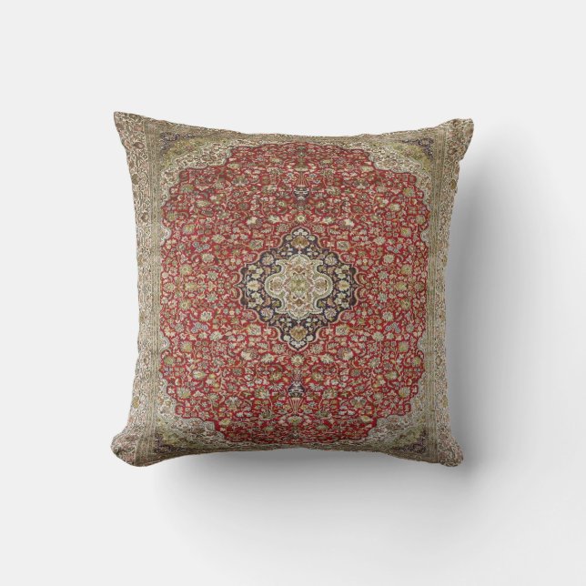 Red floral flower Persian Turkish Rug Print Throw Pillow (Front)