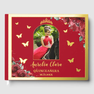 Red Floral Flowers Gold Quinceañera Quince Photo Guest Book