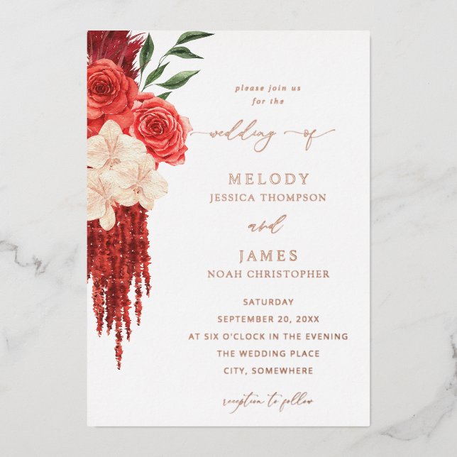 Red Floral Foil Wedding Invitation (Front)
