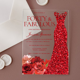 Red Floral Forty & Fabulous 40th Birthday Party Acrylic Invitations