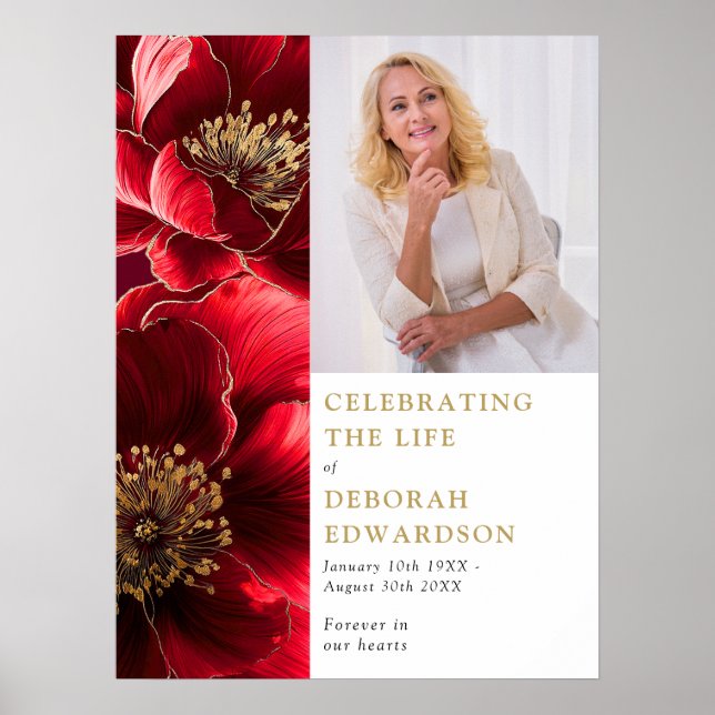 Red Floral Funeral Celebration Of Life Photo Sign (Front)