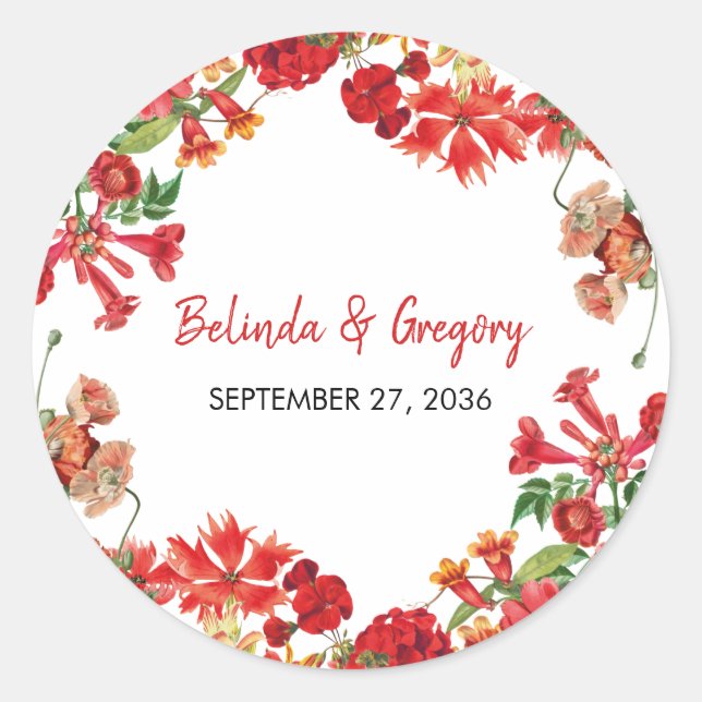 Red Floral Garden Botanical Flowers Wedding  Classic Round Sticker (Front)
