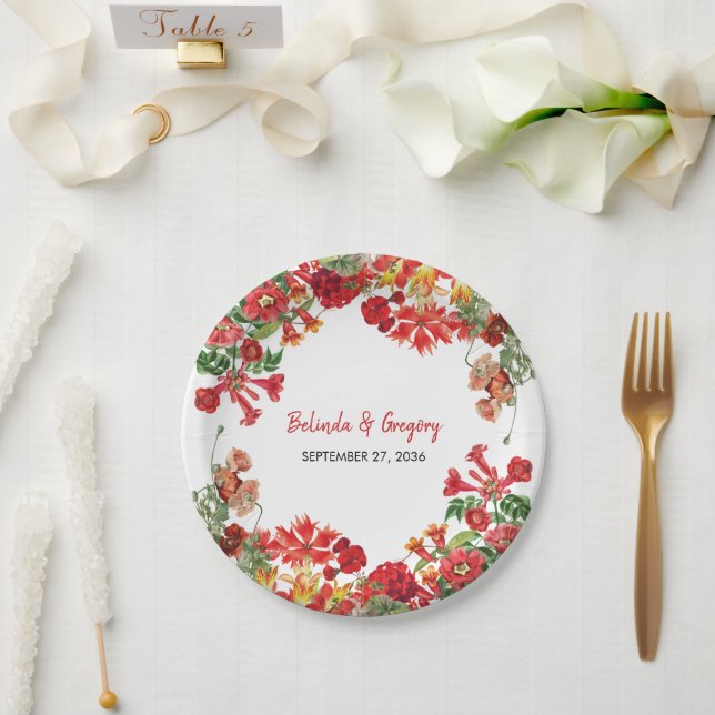 Red Floral Garden Botanical Flowers Wedding  Paper Plate (Wedding)