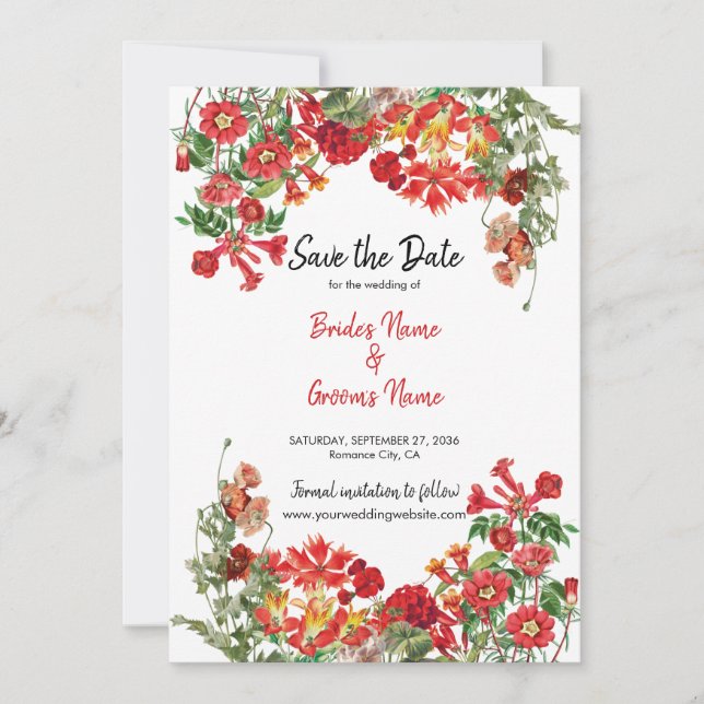 Red Floral Garden Botanical Flowers Wedding  Save The Date (Front)