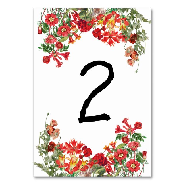 Red Floral Garden Botanical Flowers Wedding  Table Number (Front)