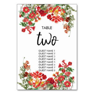 Red Floral Garden Botanical Flowers Wedding Table Number