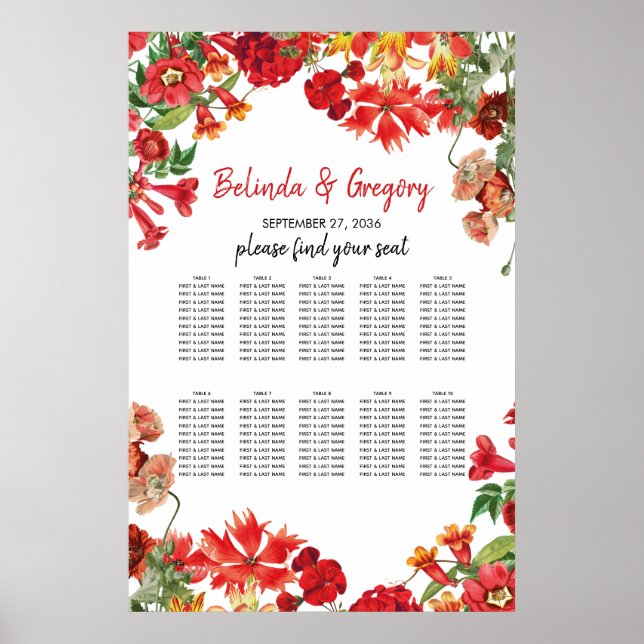 Red Floral Garden Flowers Wedding Seating Chart (Front)