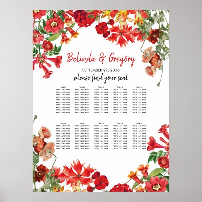 Red Floral Garden Flowers Wedding Seating Chart (Front)