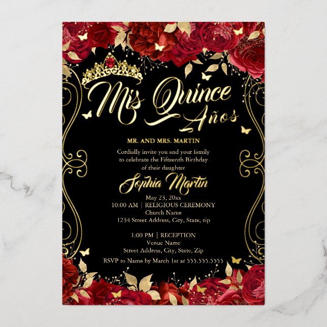 Red Floral Garden Scroll Mis Quince Quinceanera  (Front)