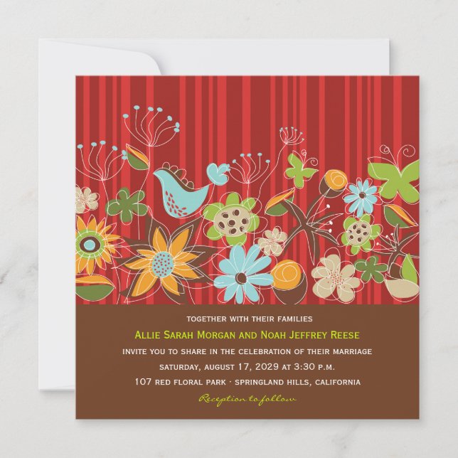 Red Floral Garden Wedding Invite & Reception Card (Front)