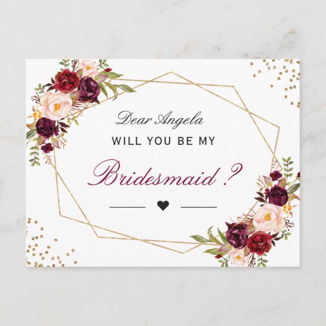 Red Floral Geometric Will You Be My Bridesmaid Invitation Postcard (Front)