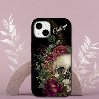 Red Floral Glitter Skull Personalized iPhone 14 Case