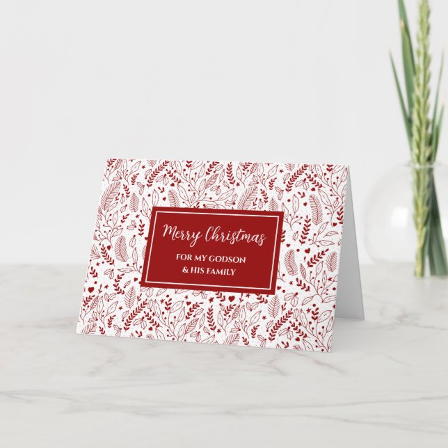 Red Floral Godson & Family Merry Christmas Card (Front)