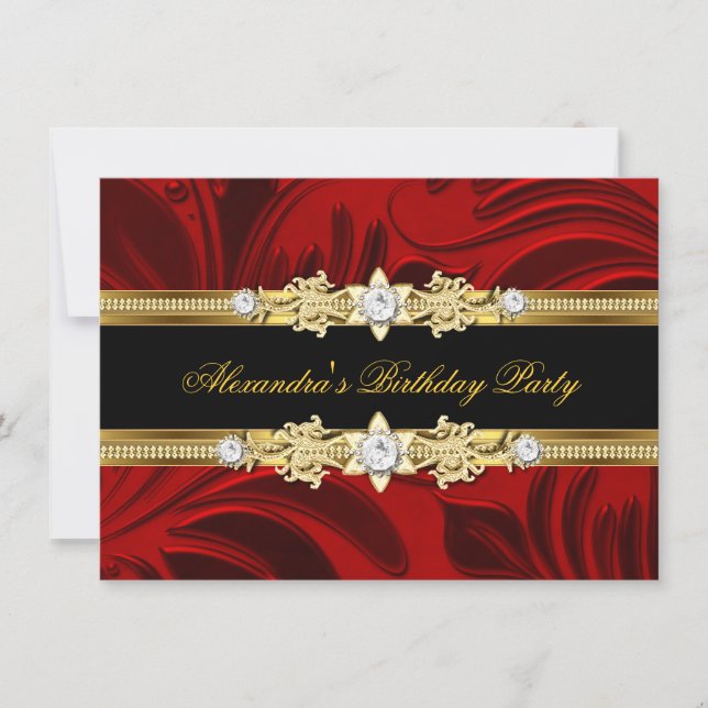 Red Floral Gold Black Elegant Birthday Party Invitation (Front)