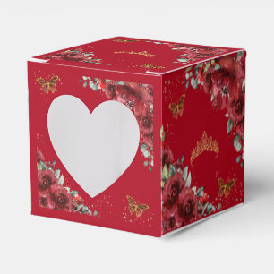 Red Floral Gold Butterflies Quinceanera 15 XV Mini Favor Box