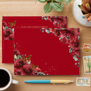 Red Floral Gold Butterflies Quinceañera Sweet 16 Envelope