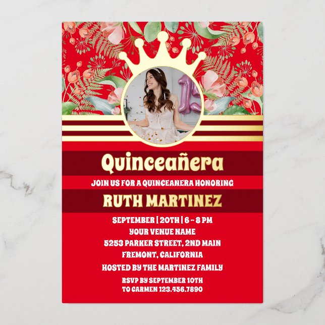 Red Floral Gold Crown princess Quinceanera (Front)