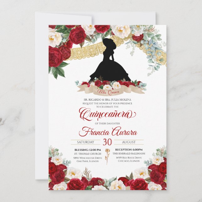 Red Floral Gold Elegant Charro Quince Birthday Invitation (Front)