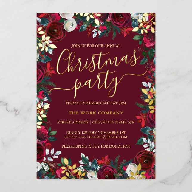 Red Floral Gold Leaf Corporate Christmas Party  (Front)