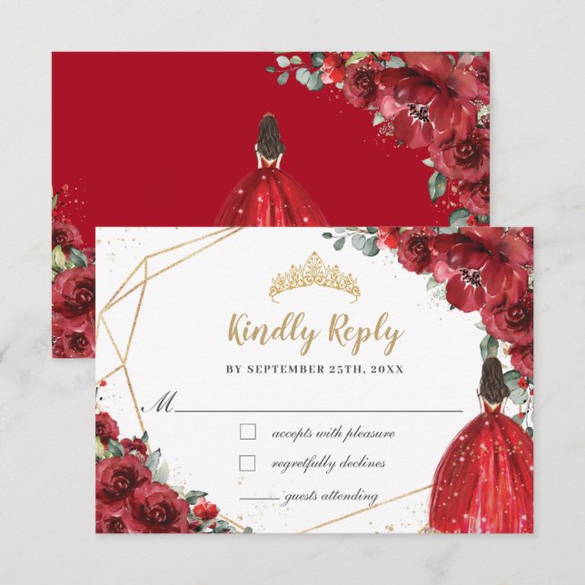 Red Floral Gold Princess Quinceañera Réponse (Devant / Derrière)