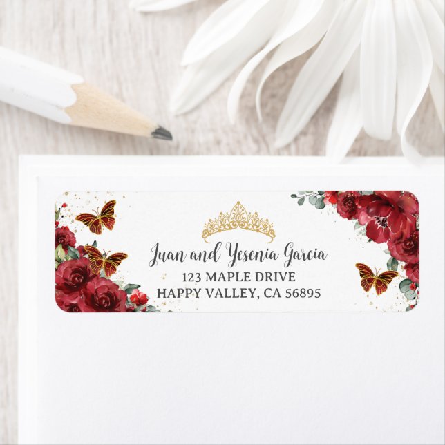 Red Floral Gold Quinceanera XV 15 Return Address (Insitu)