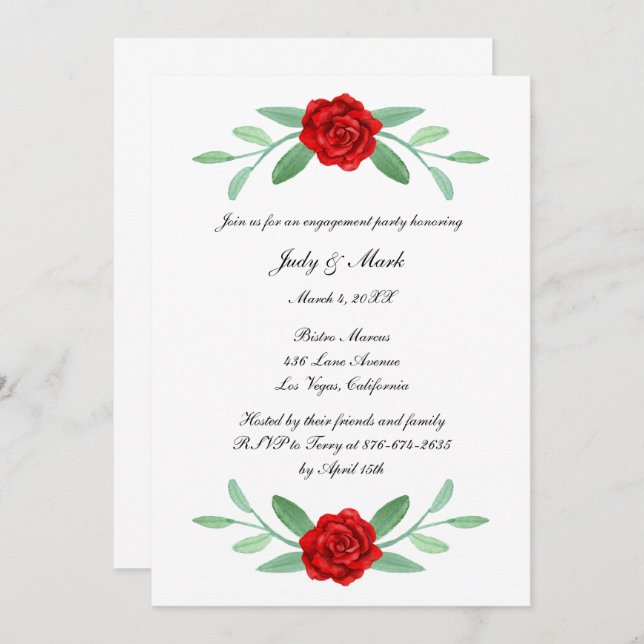 Red Floral Greenery Foliage Engagement Party Invitation (Front/Back)
