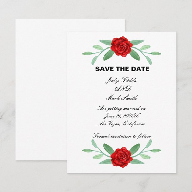 Red Floral Greenery Foliage Save The Date Card (Front/Back)