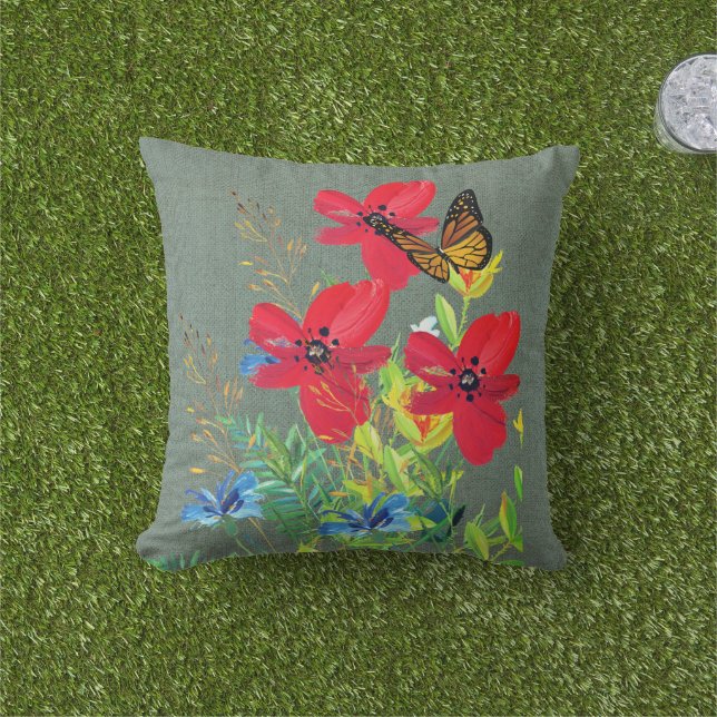 Red Floral Grey Burlap  Outdoor Pillow (Grass)