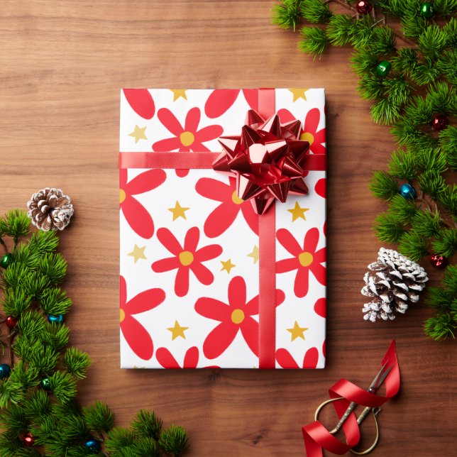 Red Floral Hand-Drawn Christmas Holidays Set of Wrapping Paper (Holiday Gift)