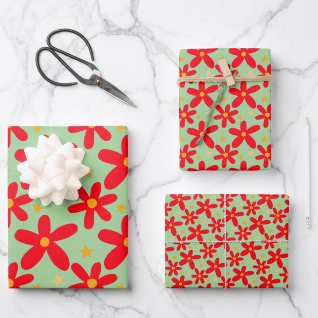 Red Floral Hand-Drawn Christmas Holidays Set of Wrapping Paper Sheet (Front)
