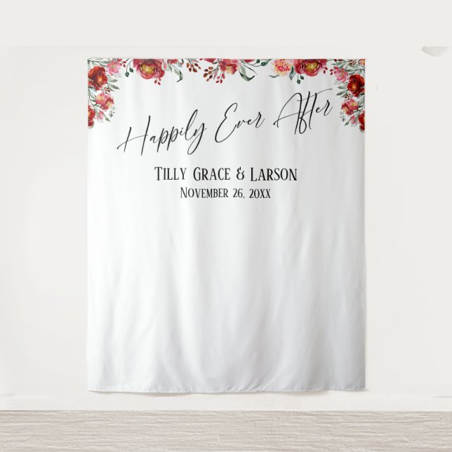 Red Floral Happily Ever After Photo Backdrop Tapestry (Front)