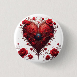 Red Floral Heart Design With Blooming Flowers 1 Inch Round Button
