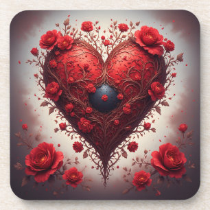 Red Floral Heart Design With Blooming Flowers Coaster
