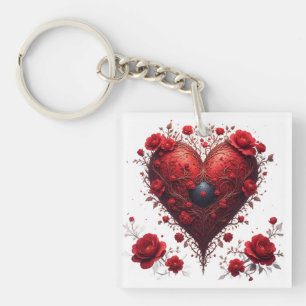 Red Floral Heart Design With Blooming Flowers Keychain