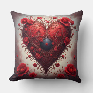 Red Floral Heart Design With Blooming Flowers Throw Pillow