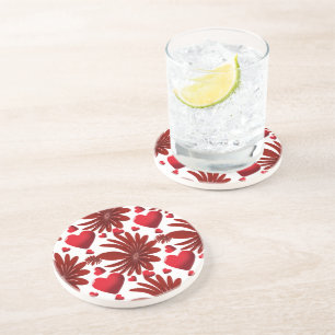 Red Floral Heart Pattern Aesthetic Romantic Flower Coaster
