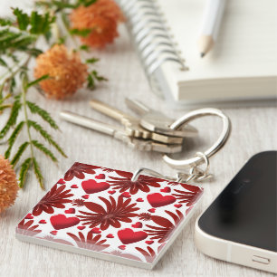 Red Floral Heart Pattern Aesthetic Romantic Flower Keychain