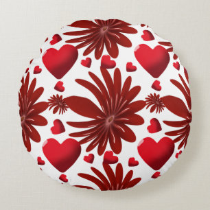 Red Floral Heart Pattern Aesthetic Romantic Flower Round Pillow