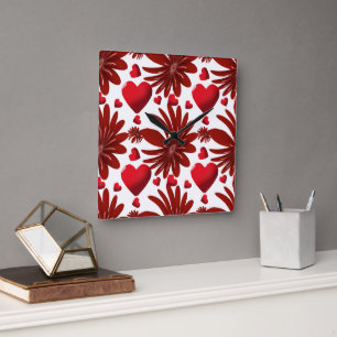 Red Floral Heart Pattern Aesthetic Romantic Flower Square Wall Clock