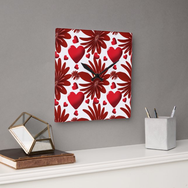 Red Floral Heart Pattern Aesthetic Romantic Flower Square Wall Clock (Office)