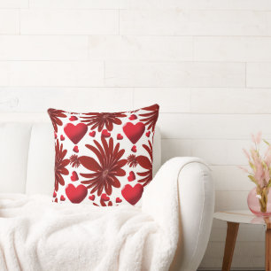 Red Floral Heart Pattern Aesthetic Romantic Flower Throw Pillow
