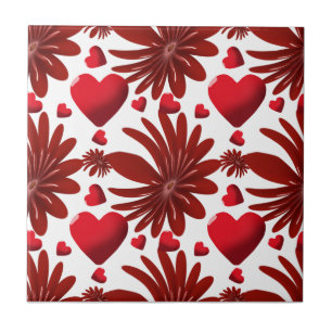 Red Floral Heart Pattern Aesthetic Romantic Flower Tile