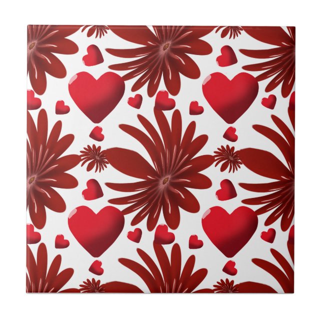 Red Floral Heart Pattern Aesthetic Romantic Flower Tile (Front)