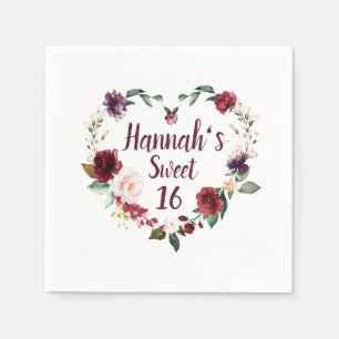 Red Floral Heart Sweet 16 Party Napkin