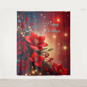Red Floral Holiday Backdrop Tapestry