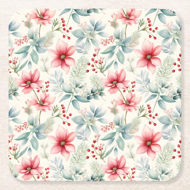 Red Floral Holiday Paper Coaster (Front)